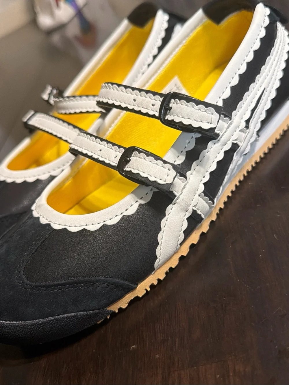 Black and White Scalloped Mary Jane Flat with Dual Straps